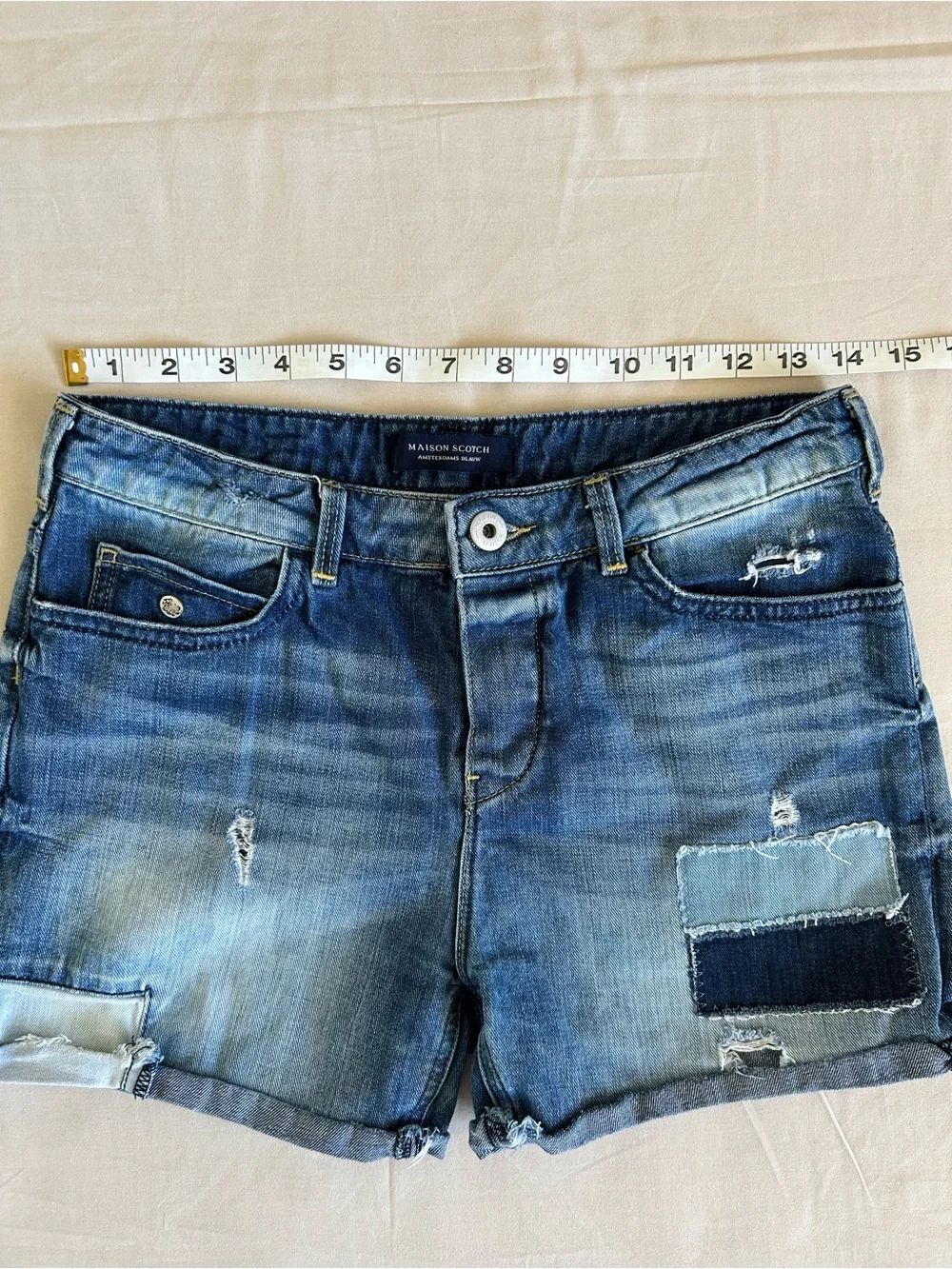 Vintage Scotch & Soda Women's Blue Distressed Patch Denim Shorts Size 25